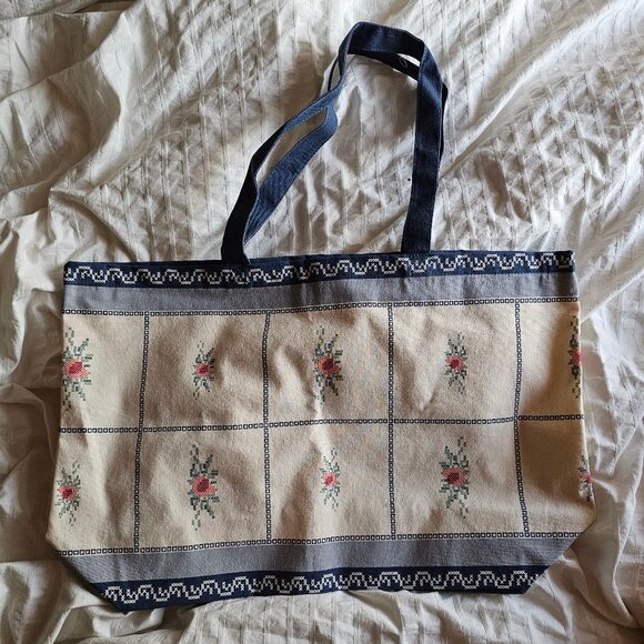 New Sezane x Baziszt Tote Bag - Blue w/ Cream Trims - Picture 2 of 7